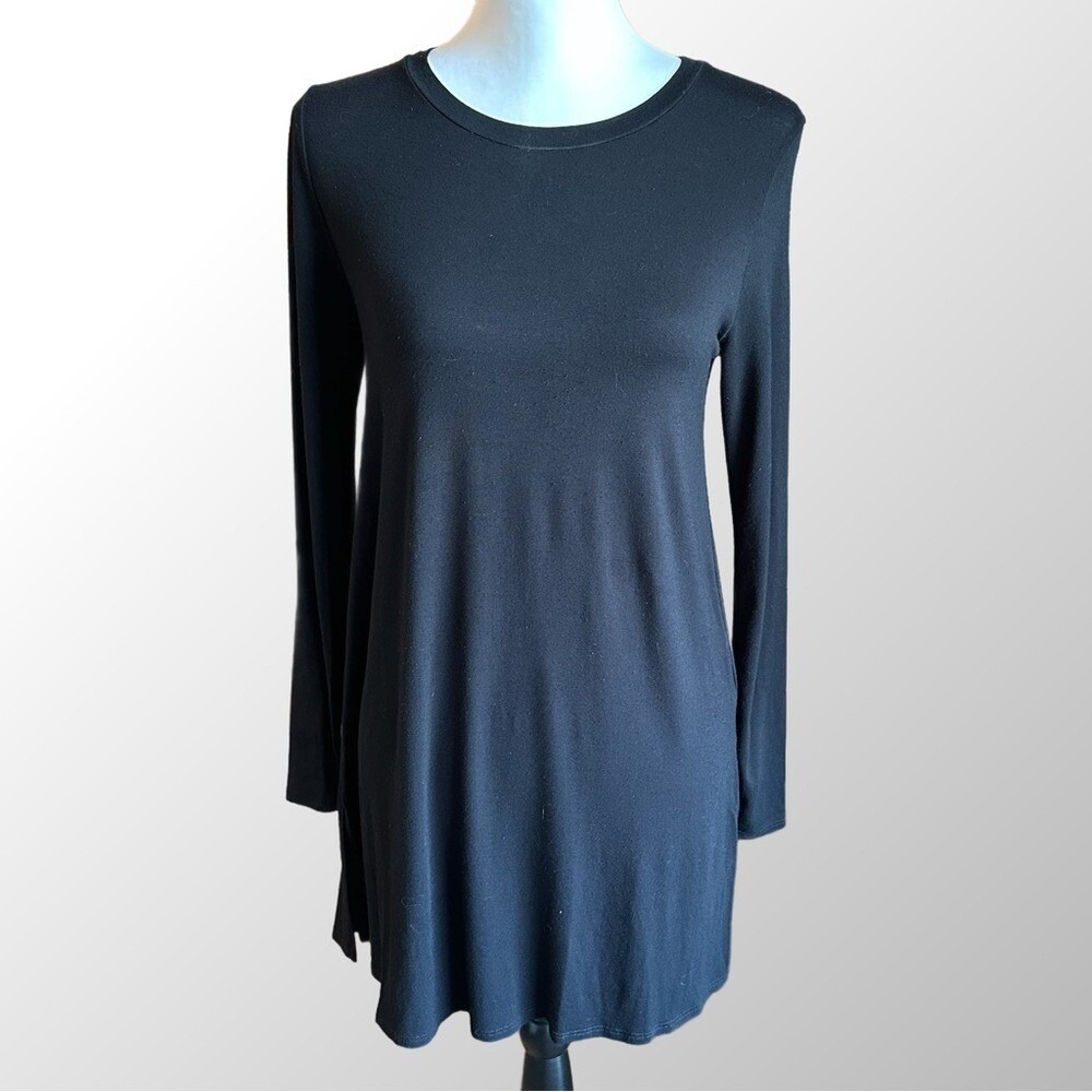 Eileen Fisher Tunic Top Womens PP Black Long Sleeve Viscose Jersey Side Slit